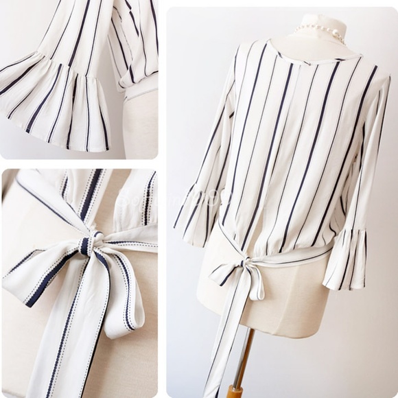 Last☝️ Ivory Navy Striped Tie Back Crop Blouse Top - Picture 5 of 8